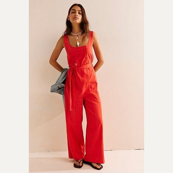Free People Free-Est Kirstie Jumpsuit Wide Leg Crisscross Cotton Red XS 279715